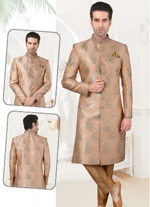 Stylish Peach Banarasi Brocade Sherwani Set with Chikoo Trouser