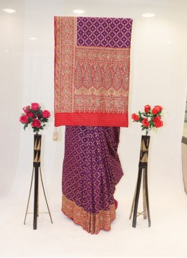 Stylish Purple And Red Banarasi Silk Saree