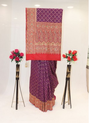 Stylish Purple And Red Banarasi Silk Saree