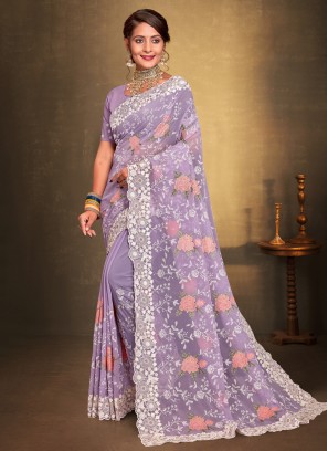 Stylish Resham Lavender Georgette Contemporary Saree