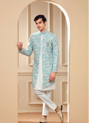 Stylish Sky Blue Silk Printed Indowestern Suit For Festivals