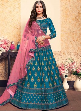 Stylish Swarovski Blue Satin Trendy Lehenga Choli