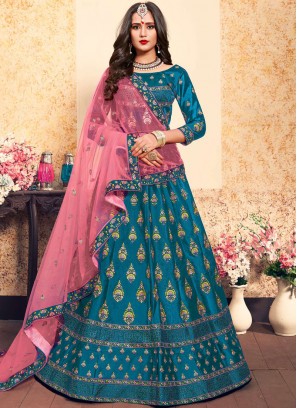 Stylish Swarovski Blue Satin Trendy Lehenga Choli