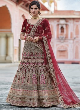 Stylish Velvet Maroon Embroidered Lehenga Choli