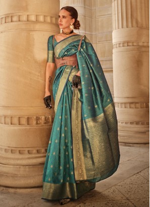 Stylish Weaving Silk Green Trendy Saree