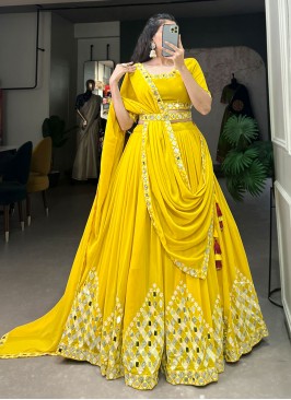 Suave Embroidered Georgette Yellow Lehenga Choli