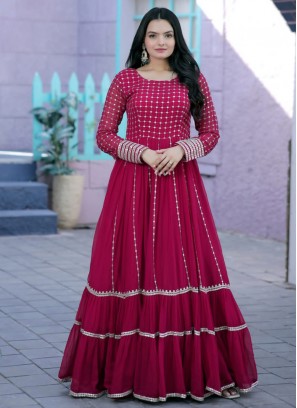 Suave Hot Pink Embroidered Georgette Floor Length Gown