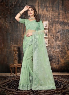 Subtle Net Resham Sea Green Trendy Saree