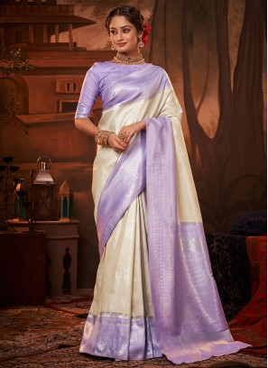 Subtle Weaving Lavender and Off White Saree
