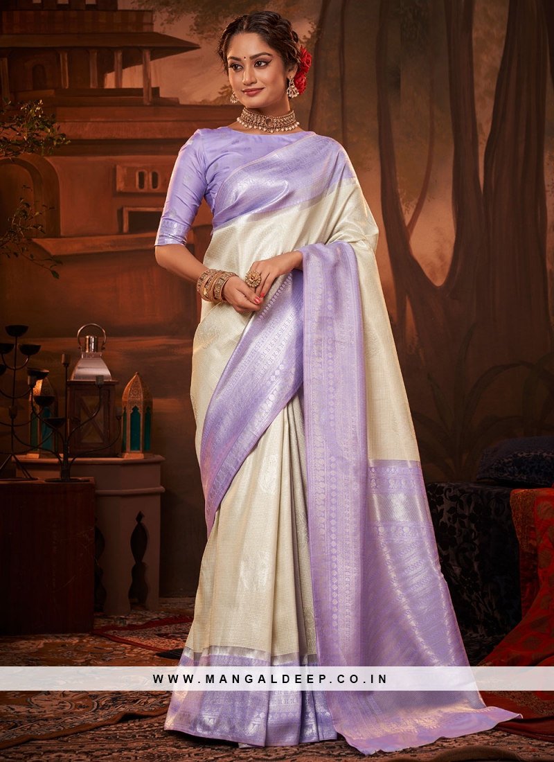 Subtle Weaving Lavender and Off White Saree