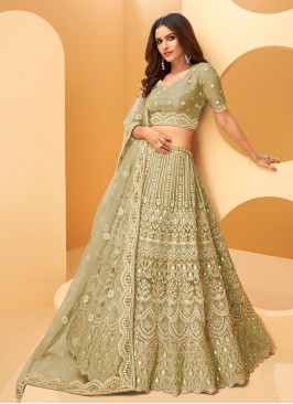 Sumptuous Green Embroidered Net Lehenga Choli