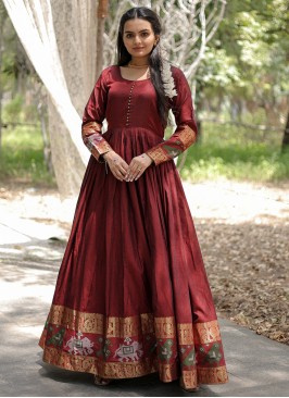 Sumptuous Weaving Maroon Cotton Readymade Gown