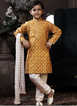 Sunshine Bloom Kids' Cotton Mustard Printed Kurta Trouser Set.