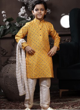 Sunshine Blossom Kids' Cotton Printed Kurta with Artsilk Trouser Set.