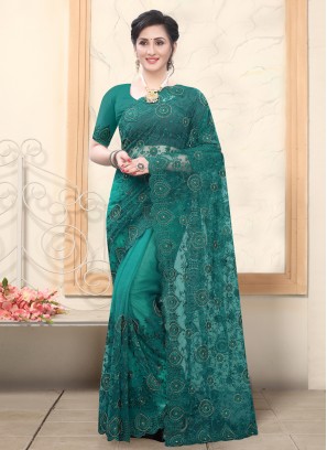 Superb Embroidered Teal Net Classic Designer Saree