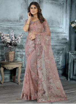 Superb Pink Embroidered Net Designer Saree