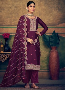 Superb Pure Silk Thread Purple Straight Salwar Kameez