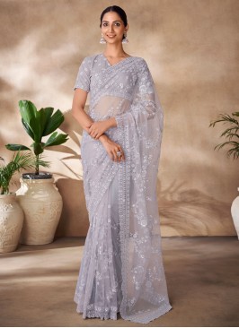 Superb Thread Grey Net Classic Saree