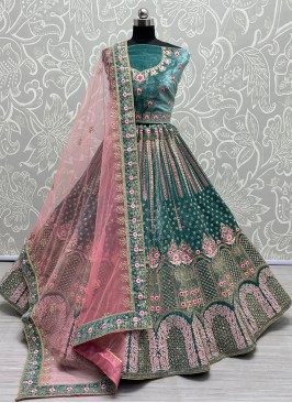 Superb Turquoise Multi Velvet Designer Lehenga Choli