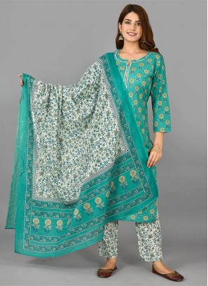 Superlative Cotton Green Printed Designer Salwar Suit