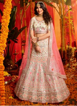 Superlative Embroidered Cream A Line Lehenga Choli