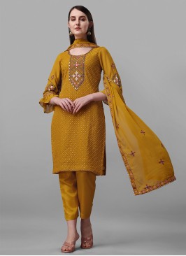 Superlative Faux Georgette Mustard Designer Straig