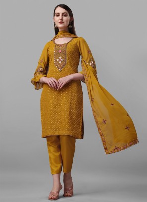 Superlative Faux Georgette Mustard Designer Straight Suit