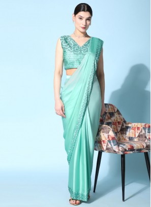 Superlative Georgette Satin Sea Green Trendy Saree