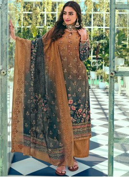 Superlative Thread Work Blue and Brown Straight Salwar Kameez 