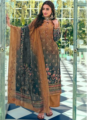 Superlative Thread Work Blue and Brown Straight Salwar Kameez 