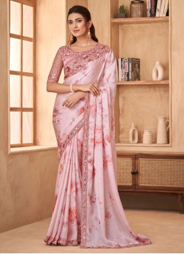 Surpassing Embroidered Rose Pink Georgette Satin Classic Saree