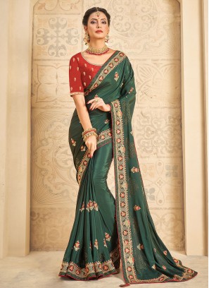 Swanky Green Embroidered Crepe Silk Contemporary Style Saree