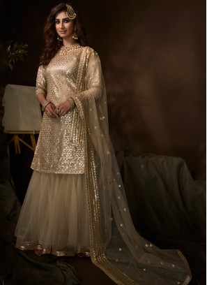 Swanky Net Embroidered Cream Designer Salwar Suit