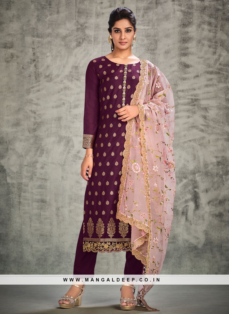 Silk Base Purple Anarkali Suit With Dupatta