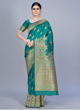 Swanky Sea Green Woven Banarasi Silk Trendy Saree