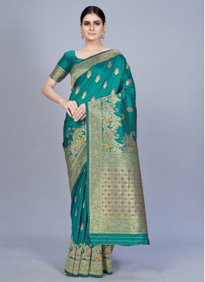 Swanky Sea Green Woven Banarasi Silk Trendy Saree
