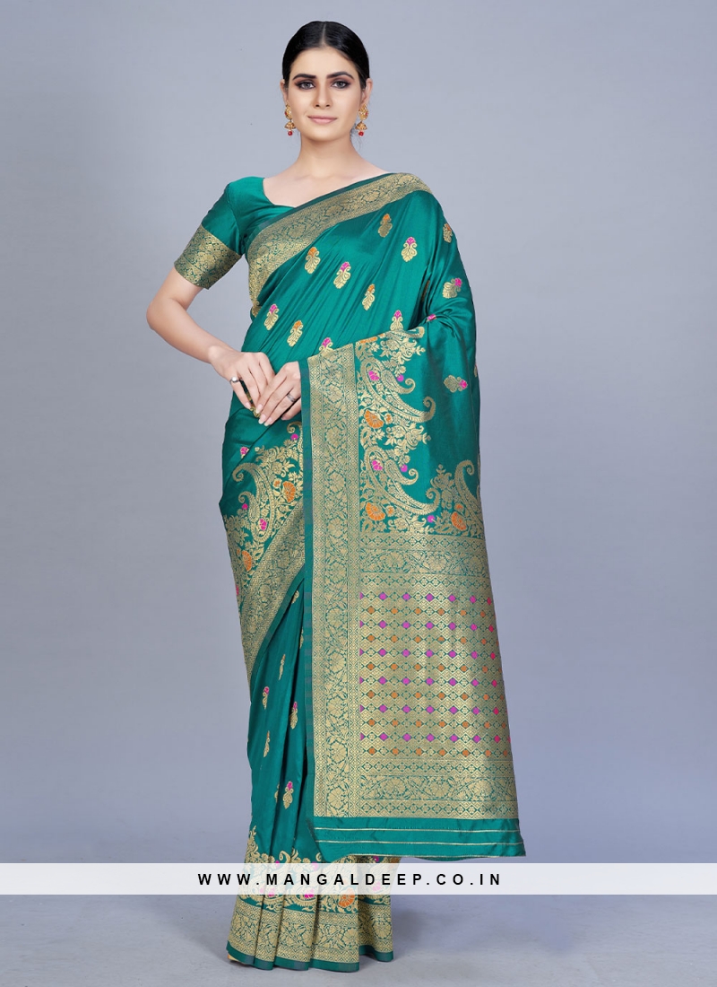 Swanky Sea Green Woven Banarasi Silk Trendy Saree