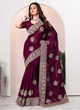 Swanky Wine Embroidered Crepe Silk Classic Saree