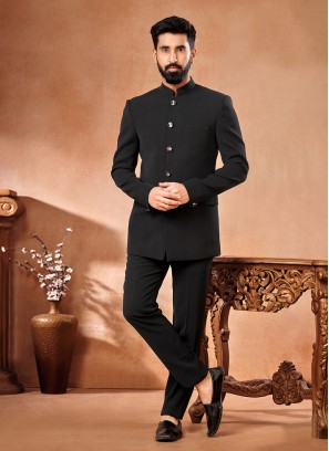 Synthetic Plain Jodhpuri Jacket in Black