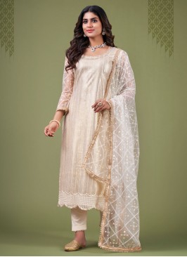 Tantalizing Cream Net Trendy Salwar Kameez