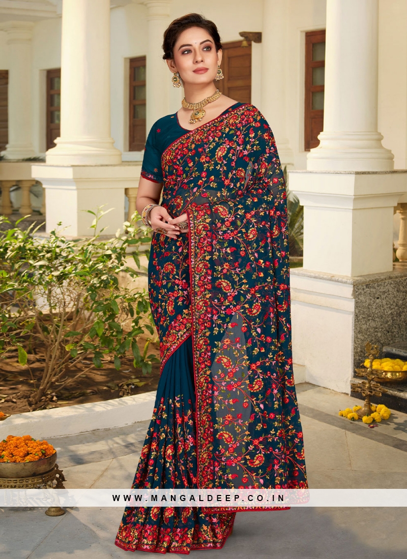 Tantalizing Embroidered Teal Contemporary Style Saree