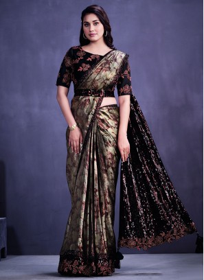 Tantalizing Georgette Black Floral Print Classic Saree