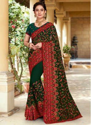 Tantalizing Georgette Resham Green Contemporary Style Saree