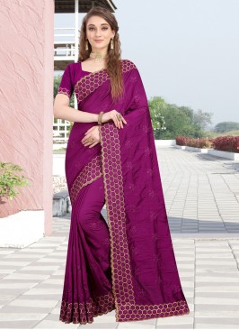 Tantalizing Magenta Embroidered Silk Designer Bollywood Saree