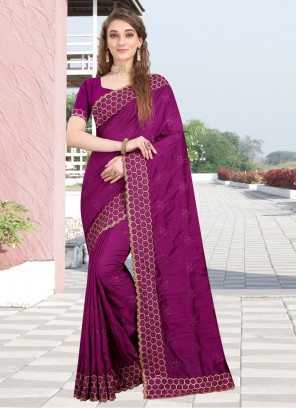 Tantalizing Magenta Embroidered Silk Designer Bollywood Saree