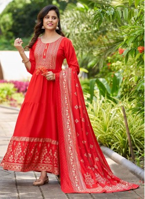 Tantalizing Red Rayon Trendy Gown