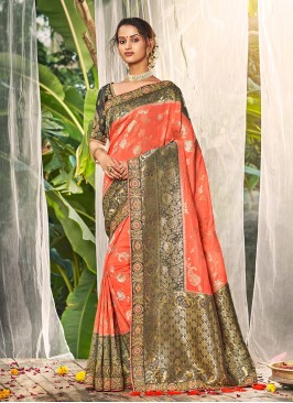 Tantalizing Woven Peach Art Silk Trendy Saree