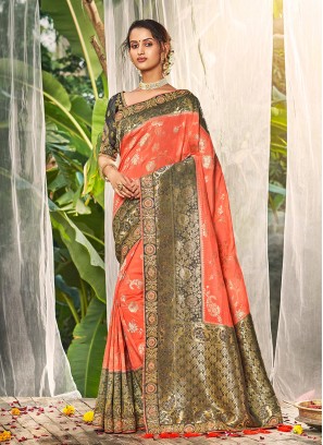 Tantalizing Woven Peach Art Silk Trendy Saree