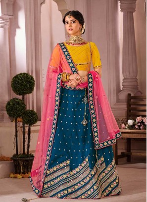 Teal Blue And Yellow Color Wedding Lehenga