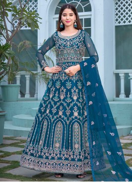 Teal Blue Butterfly Net Salwar Suit Set